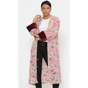 NWT Justin and Taylor Floral Pink Long Cardigan/Robe with Burgundy Accents